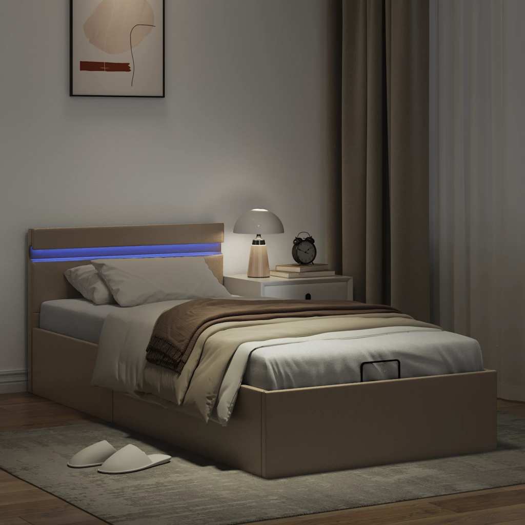 kávészínű műbőr LED-es hidraulikus ágykeret 100 x 200 cm