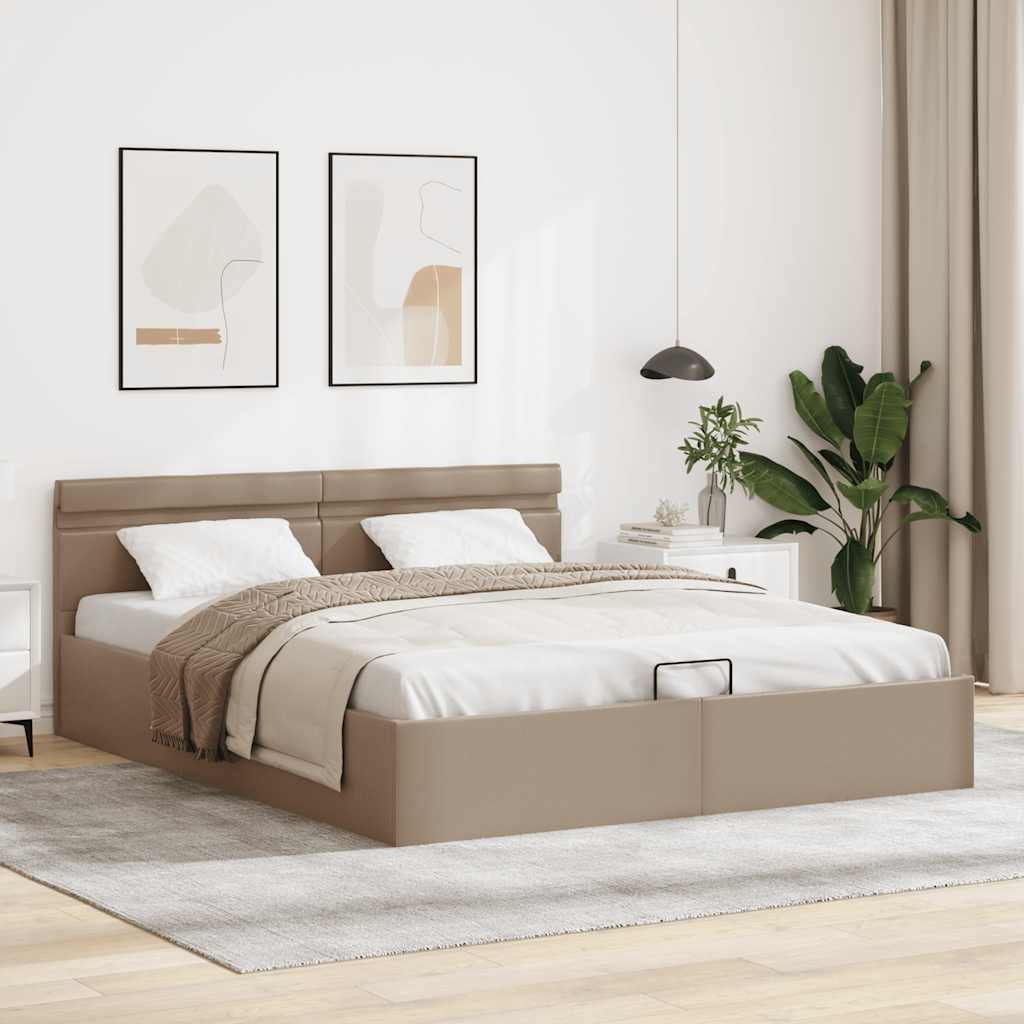 kávészínű műbőr LED-es hidraulikus ágykeret 160 x 200 cm