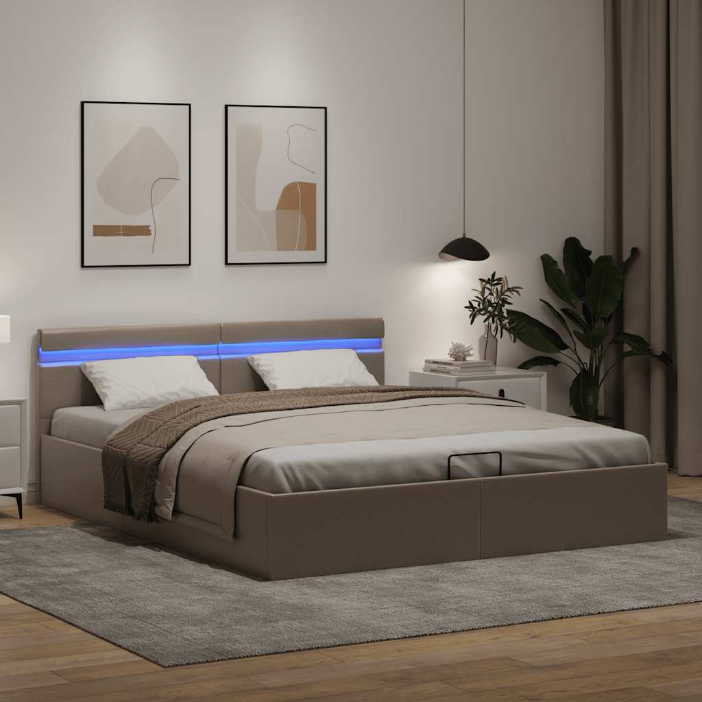 kávészínű műbőr LED-es hidraulikus ágykeret 160 x 200 cm