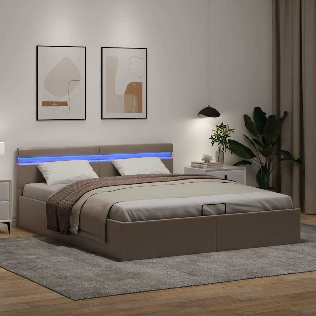 kávészínű műbőr LED-es hidraulikus ágykeret 180 x 200 cm