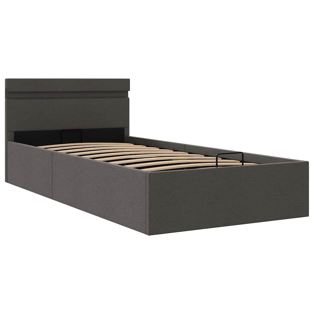 sötétszürke LED-es szövetágy hidraulikus tárolóval 100 x 200 cm