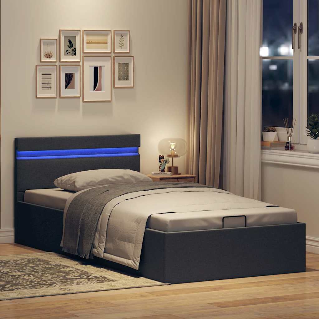 sötétszürke LED-es szövetágy hidraulikus tárolóval 100 x 200 cm