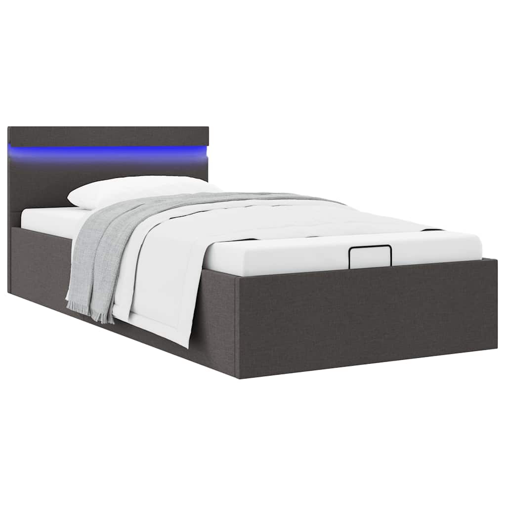 sötétszürke LED-es szövetágy hidraulikus tárolóval 100 x 200 cm