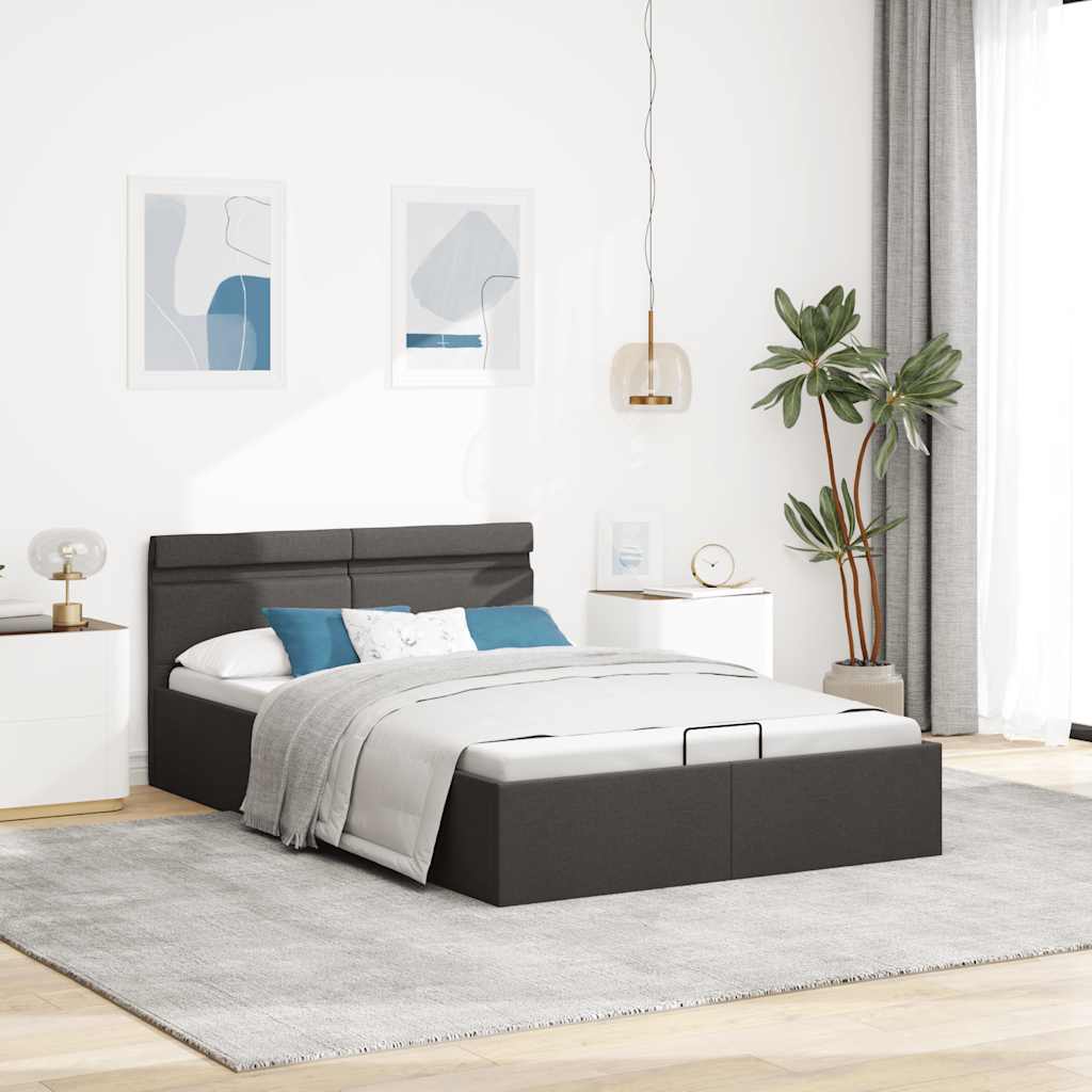 sötétszürke LED-es szövetágy hidraulikus tárolóval 140 x 200 cm