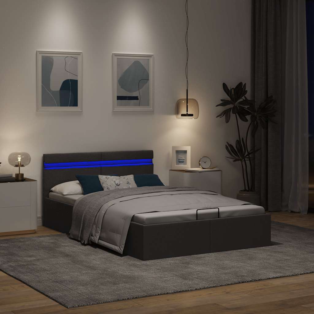 sötétszürke LED-es szövetágy hidraulikus tárolóval 140 x 200 cm