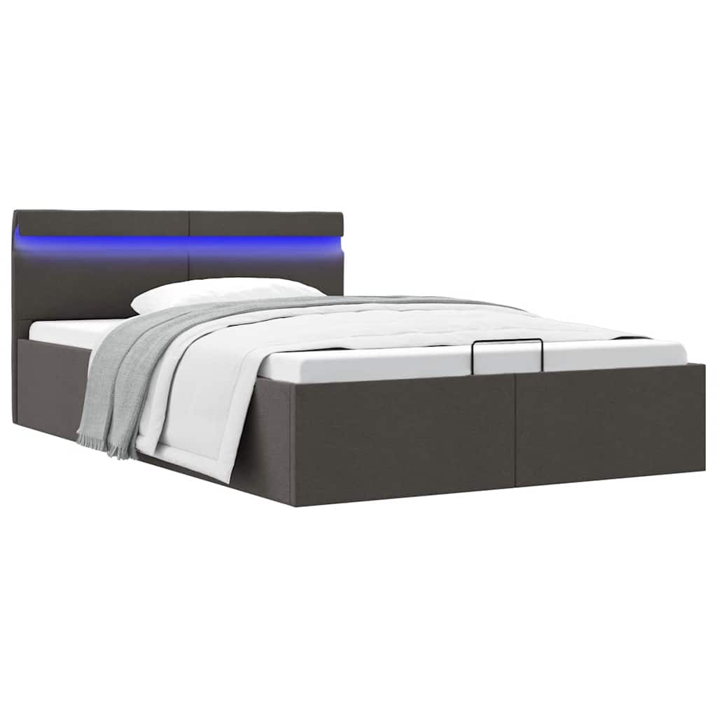 sötétszürke LED-es szövetágy hidraulikus tárolóval 140 x 200 cm