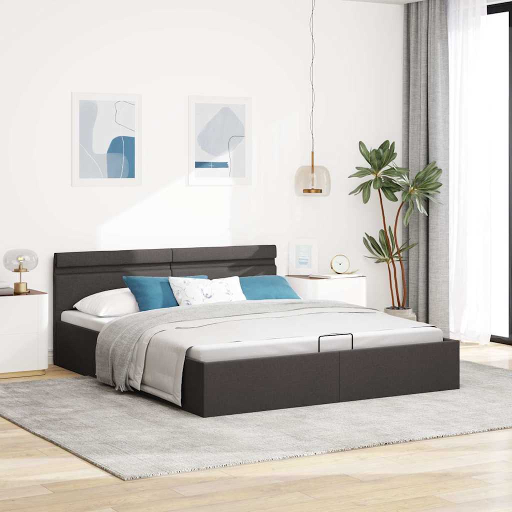 sötétszürke LED-es szövetágy hidraulikus tárolóval 180 x 200 cm