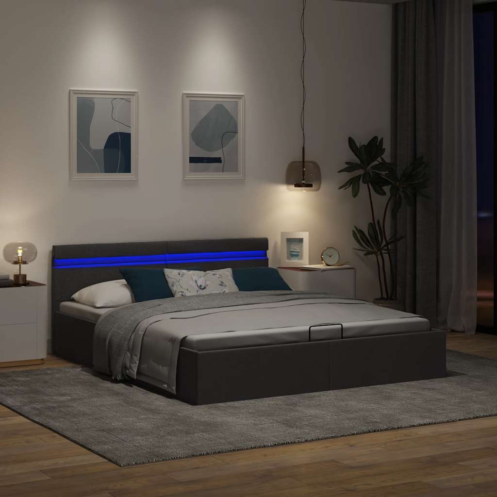 sötétszürke LED-es szövetágy hidraulikus tárolóval 180 x 200 cm