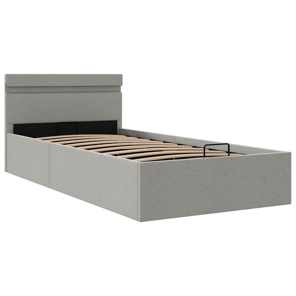 világosszürke szövet LED-es ágy hidraulikus tárolóval 90x200 cm