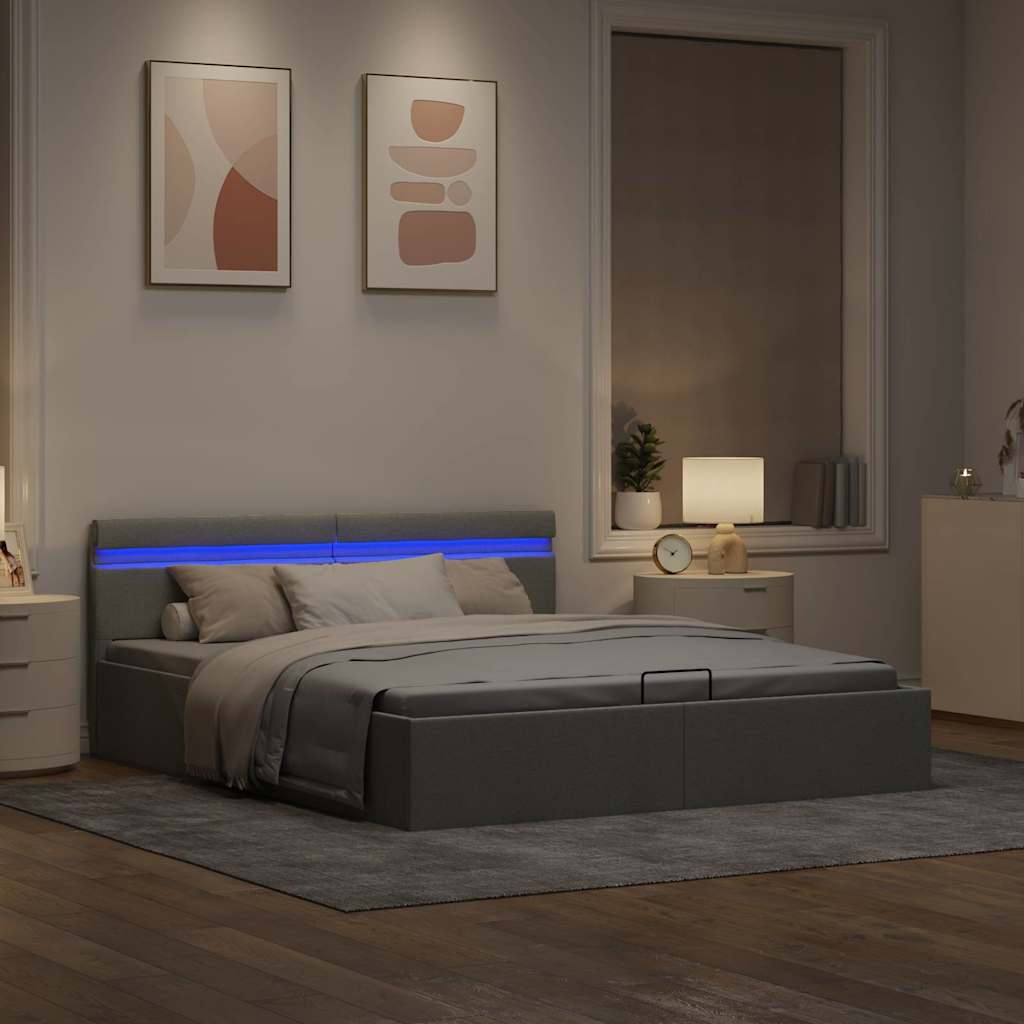 világosszürke szövet LED-es ágy hidraulikus tárolóval 160x200cm