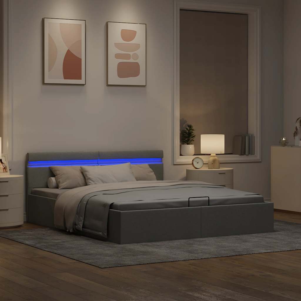 világosszürke szövet LED-es ágy hidraulikus tárolóval 180x200cm