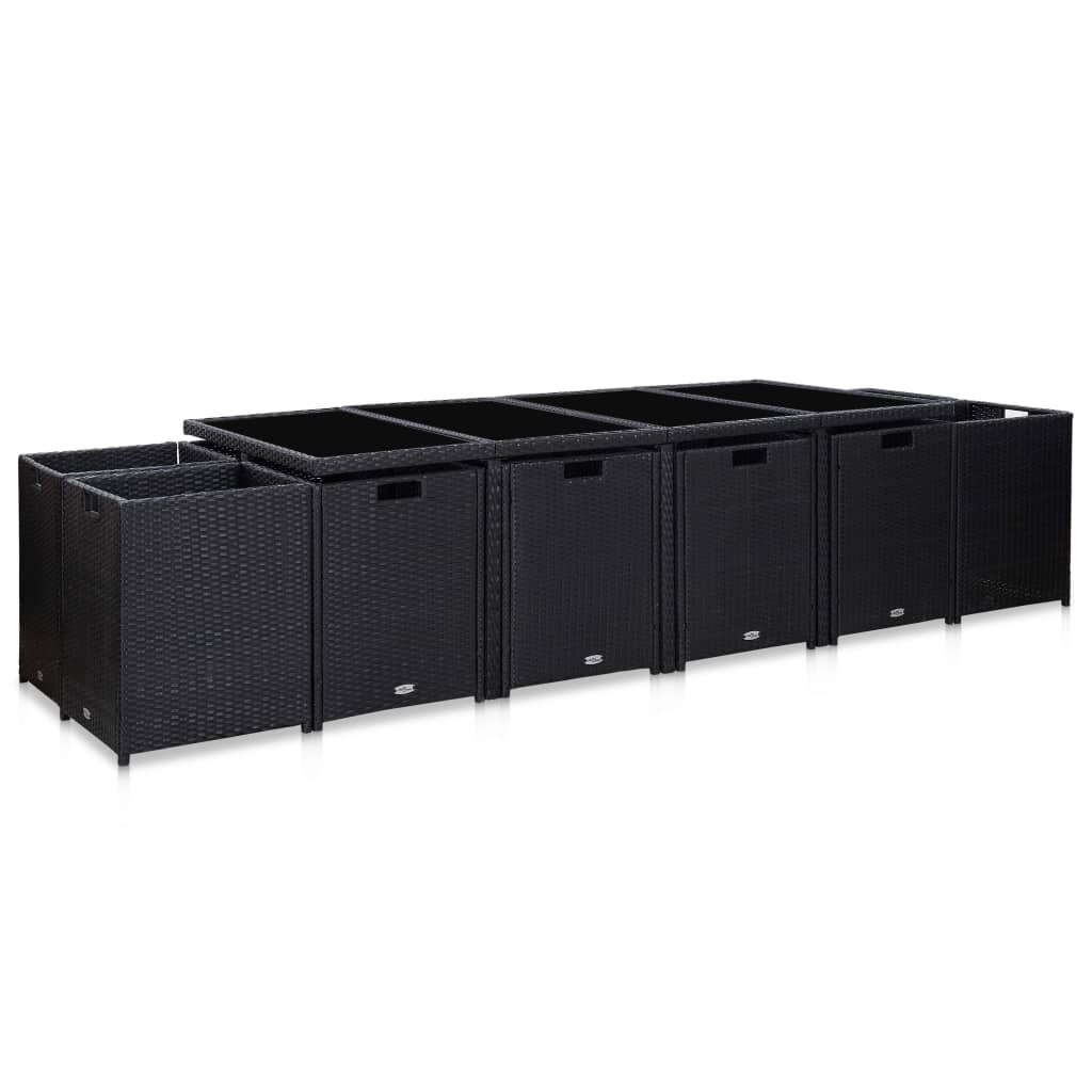 13 részes fekete polyrattan kültéri étkezőszett párnákkal