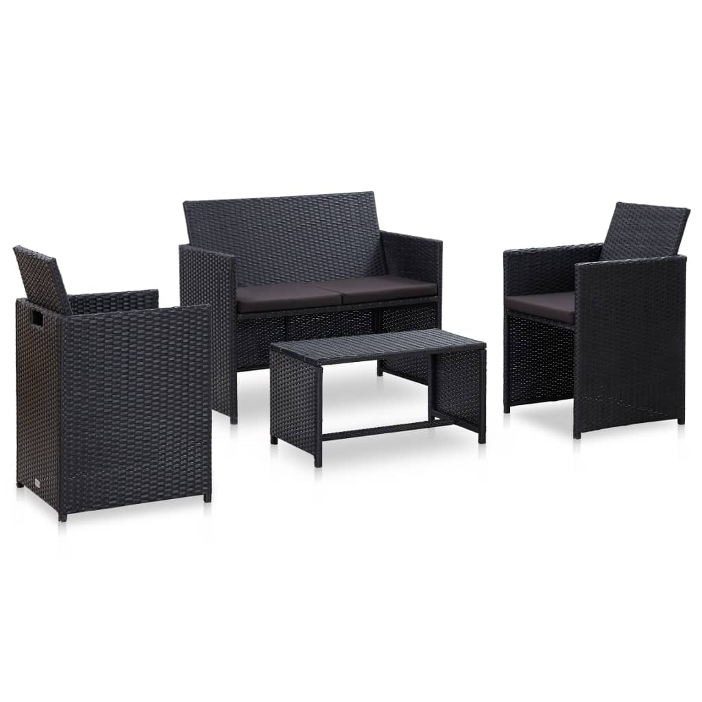 4 részes fekete polyrattan kerti pihenőgarnitúra párnákkal