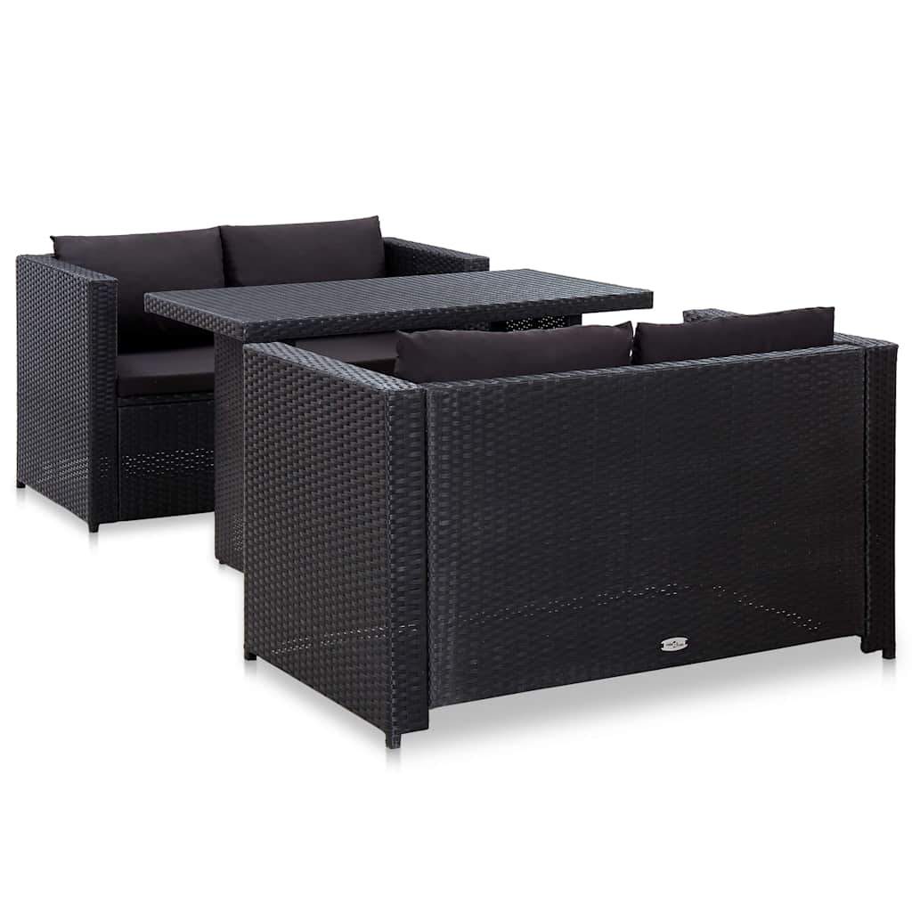 3 részes fekete polyrattan kerti bútorszett párnákkal