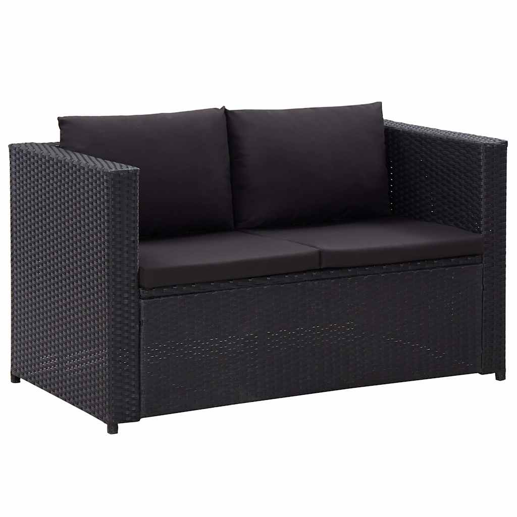 3 részes fekete polyrattan kerti bútorszett párnákkal