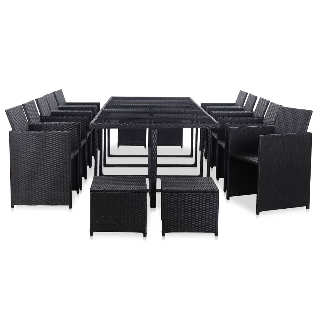 15 részes fekete polyrattan kültéri étkezőszett párnákkal