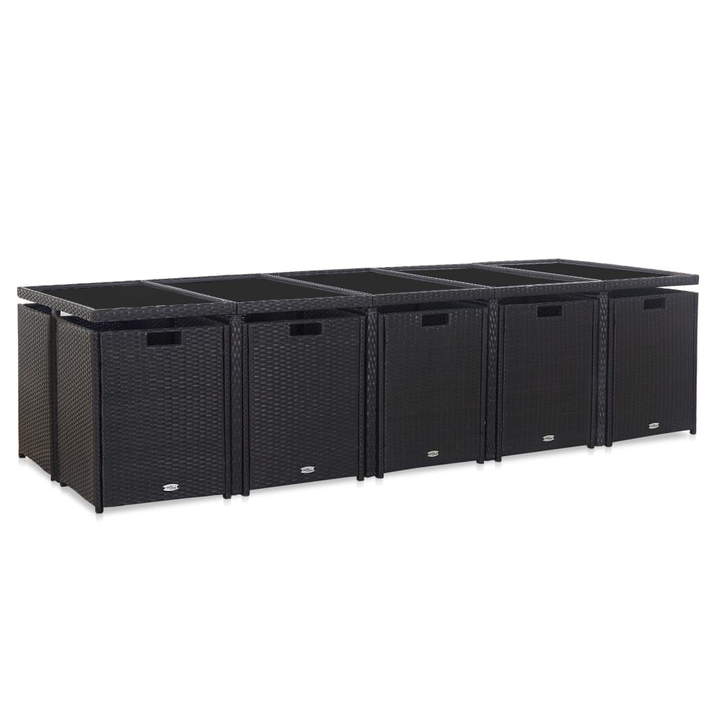 15 részes fekete polyrattan kültéri étkezőszett párnákkal