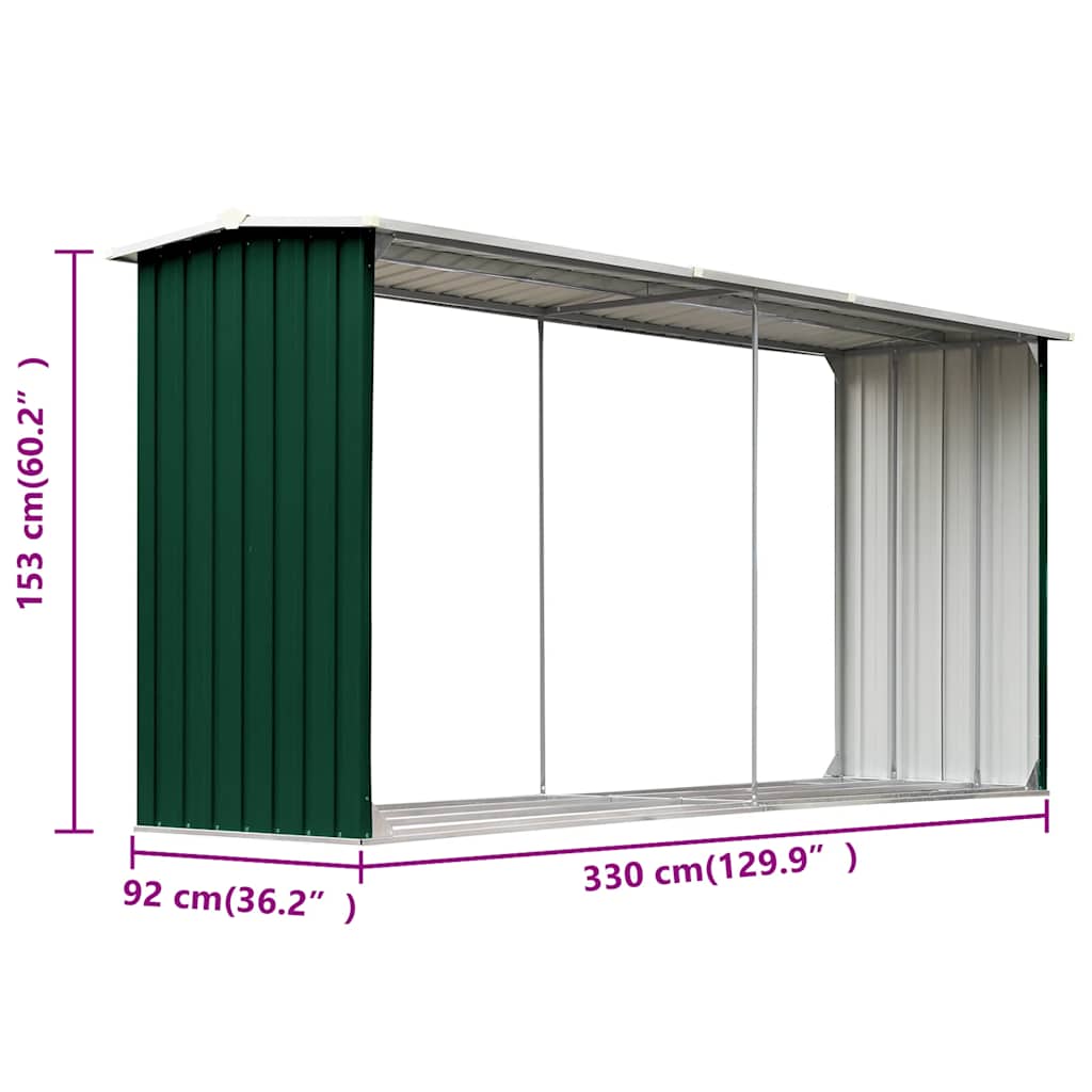 zöld horganyzott acél kerti tűzifatároló 330 x 92 x 153 cm