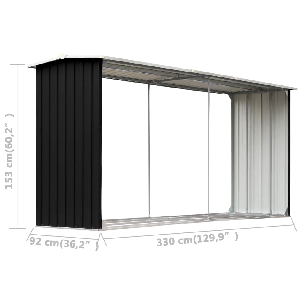 antracitszürke horganyzott acél tűzifatároló 330 x 92 x 153 cm