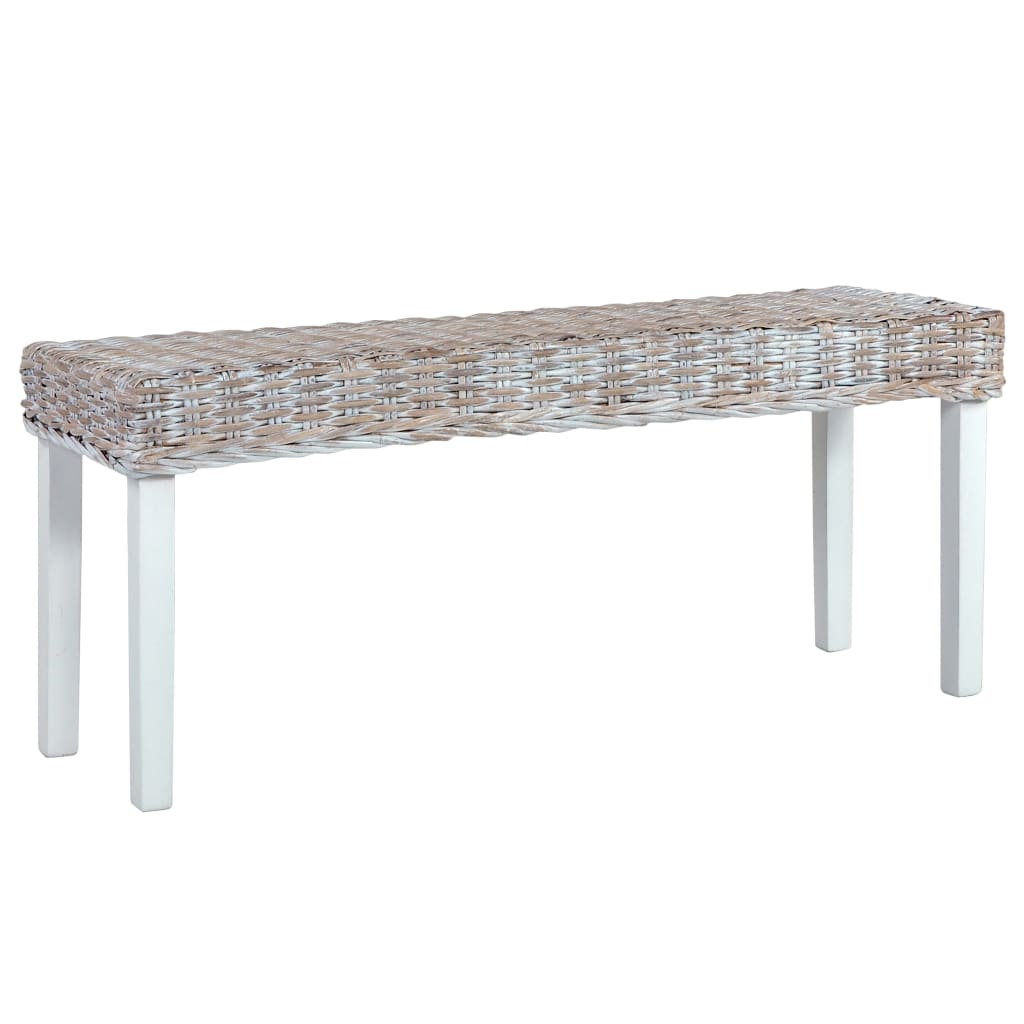 fehér természetes kubu rattan és tömör mahagóni fa pad 110 cm