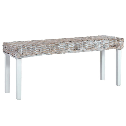 fehér természetes kubu rattan és tömör mahagóni fa pad 110 cm