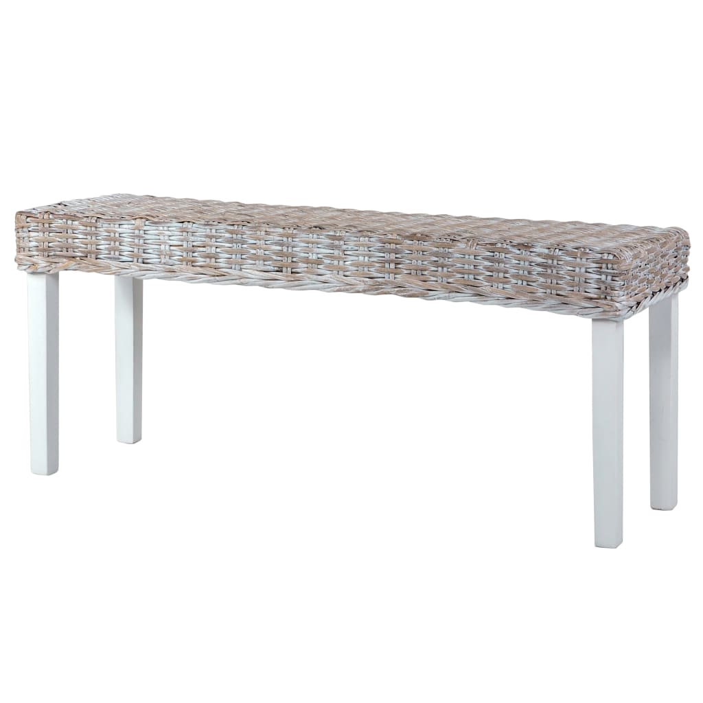 fehér természetes kubu rattan és tömör mahagóni fa pad 110 cm