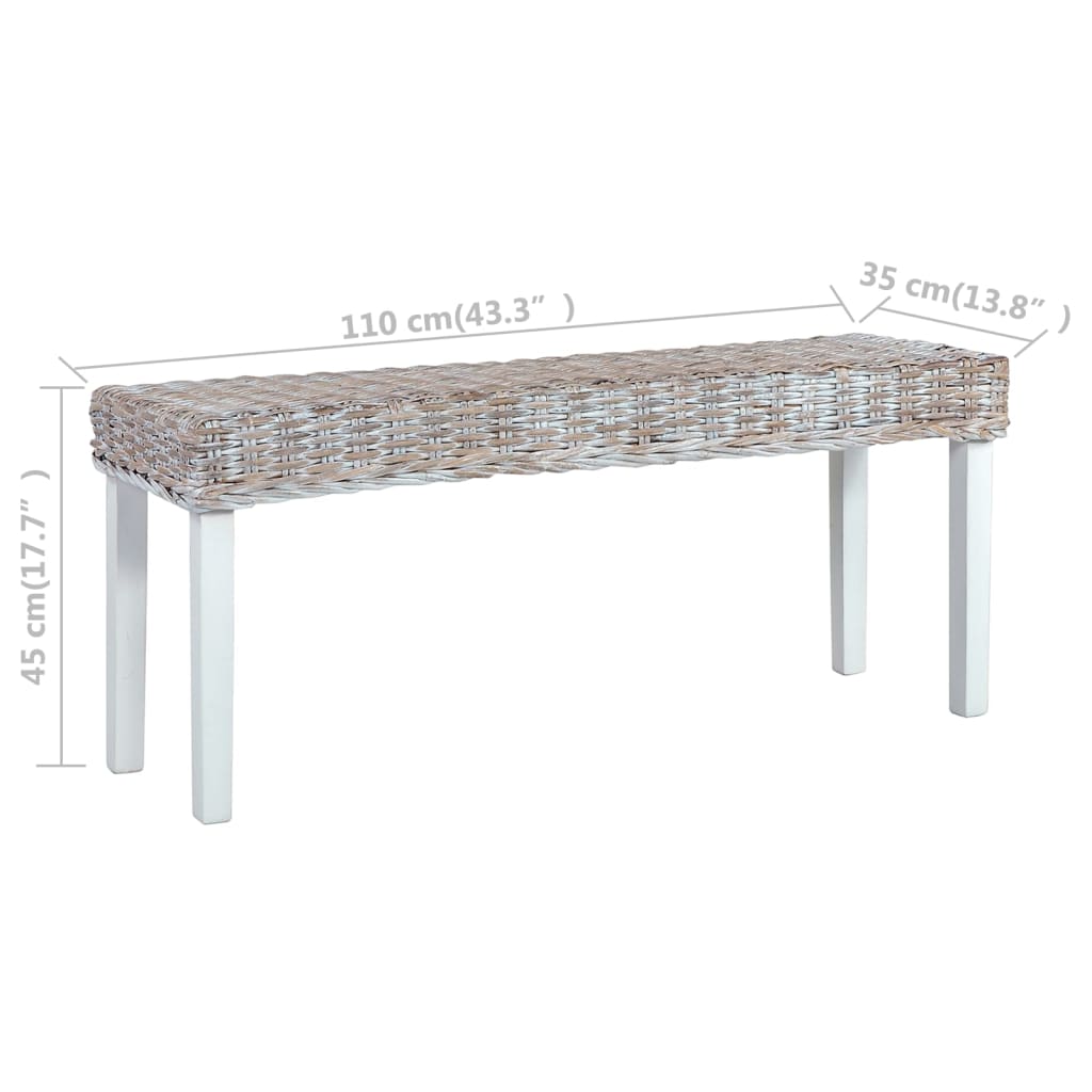 fehér természetes kubu rattan és tömör mahagóni fa pad 110 cm