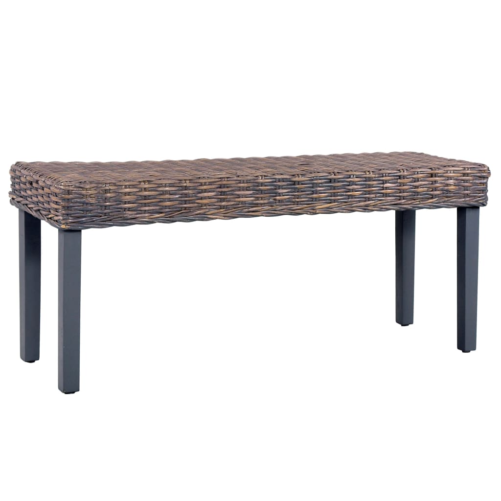 szürke természetes kubu rattan és tömör mahagóni fa pad 110 cm