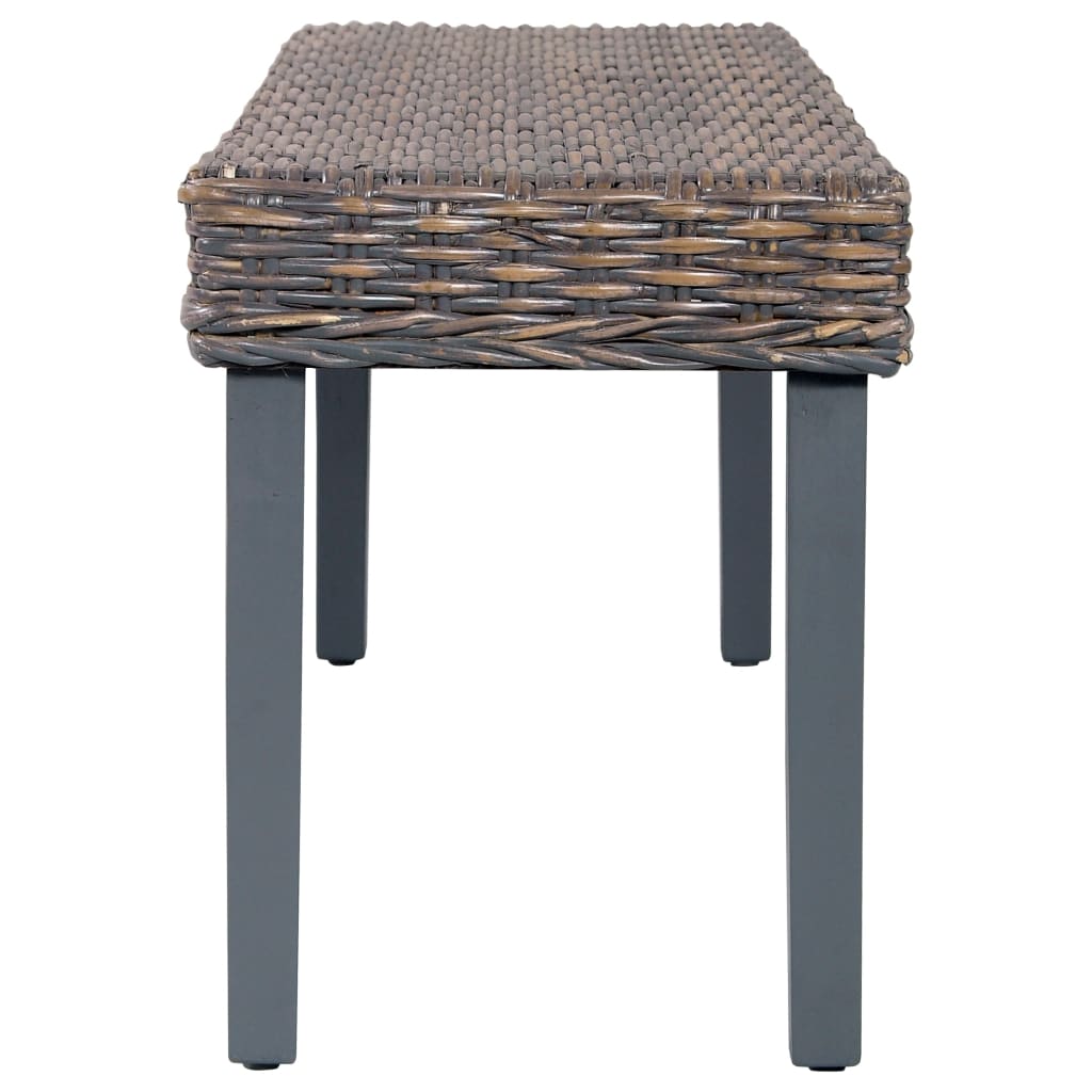 szürke természetes kubu rattan és tömör mahagóni fa pad 110 cm