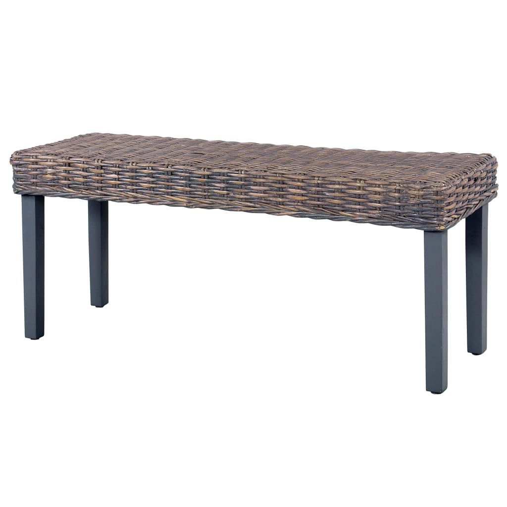 szürke természetes kubu rattan és tömör mahagóni fa pad 110 cm