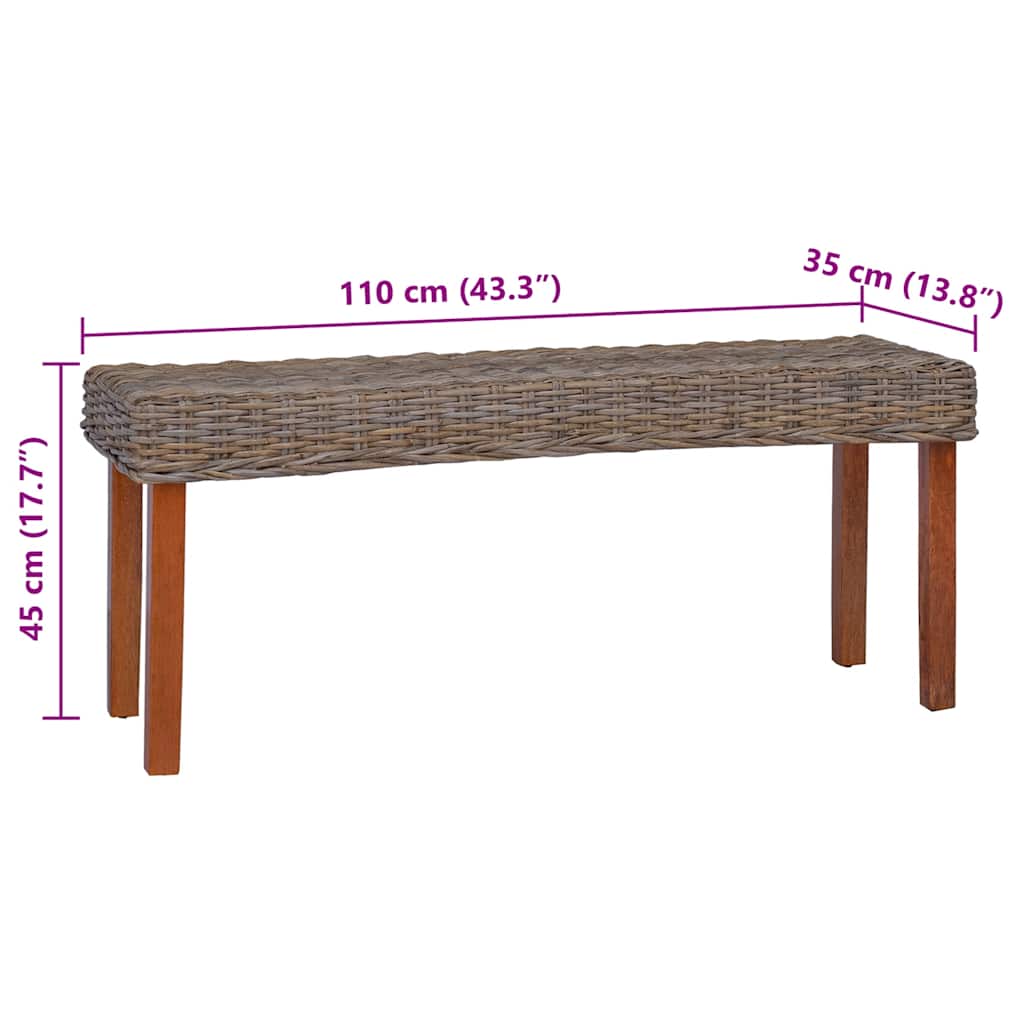 természetes kubu rattan és tömör mahagóni fa pad 110 cm