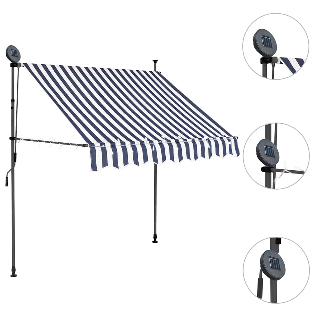 kék és fehér kézzel kihúzható LED-es napellenző 150 cm