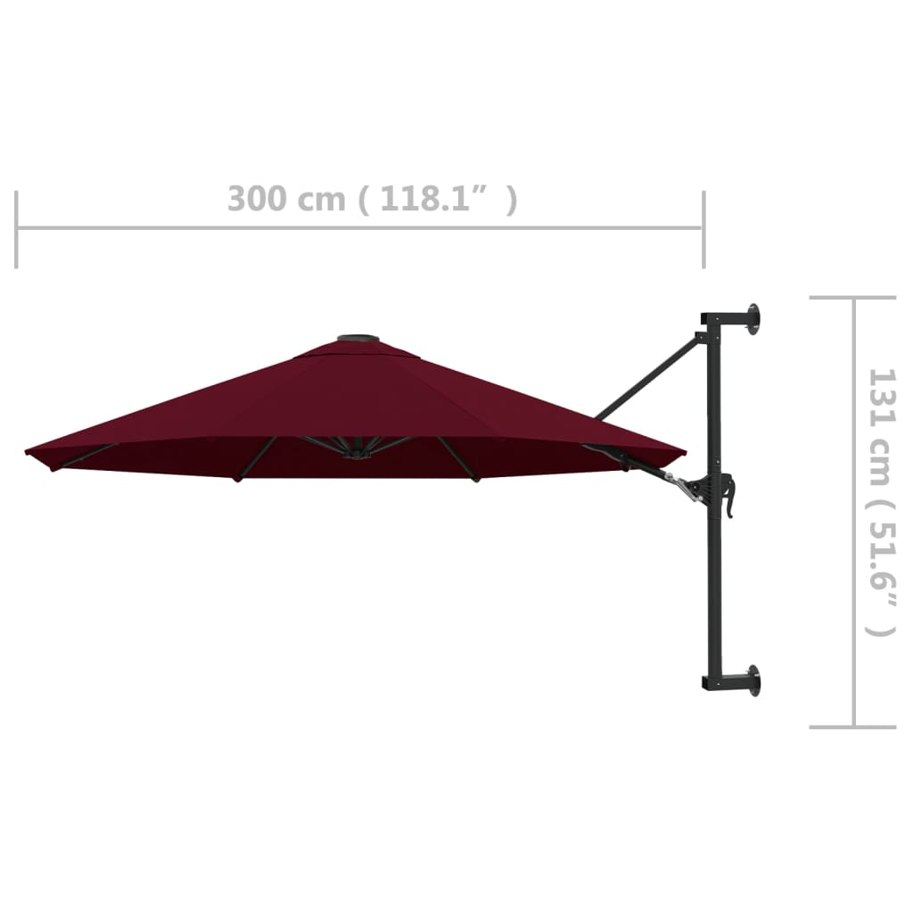 burgundi vörös falra szerelhető napernyő fémrúddal 300 cm