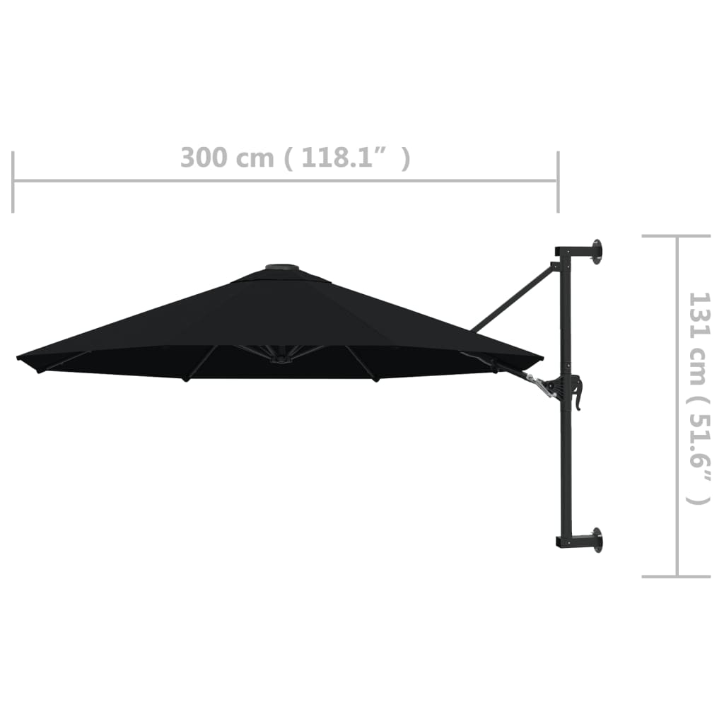 fekete falra szerelhető napernyő fémrúddal 300 cm