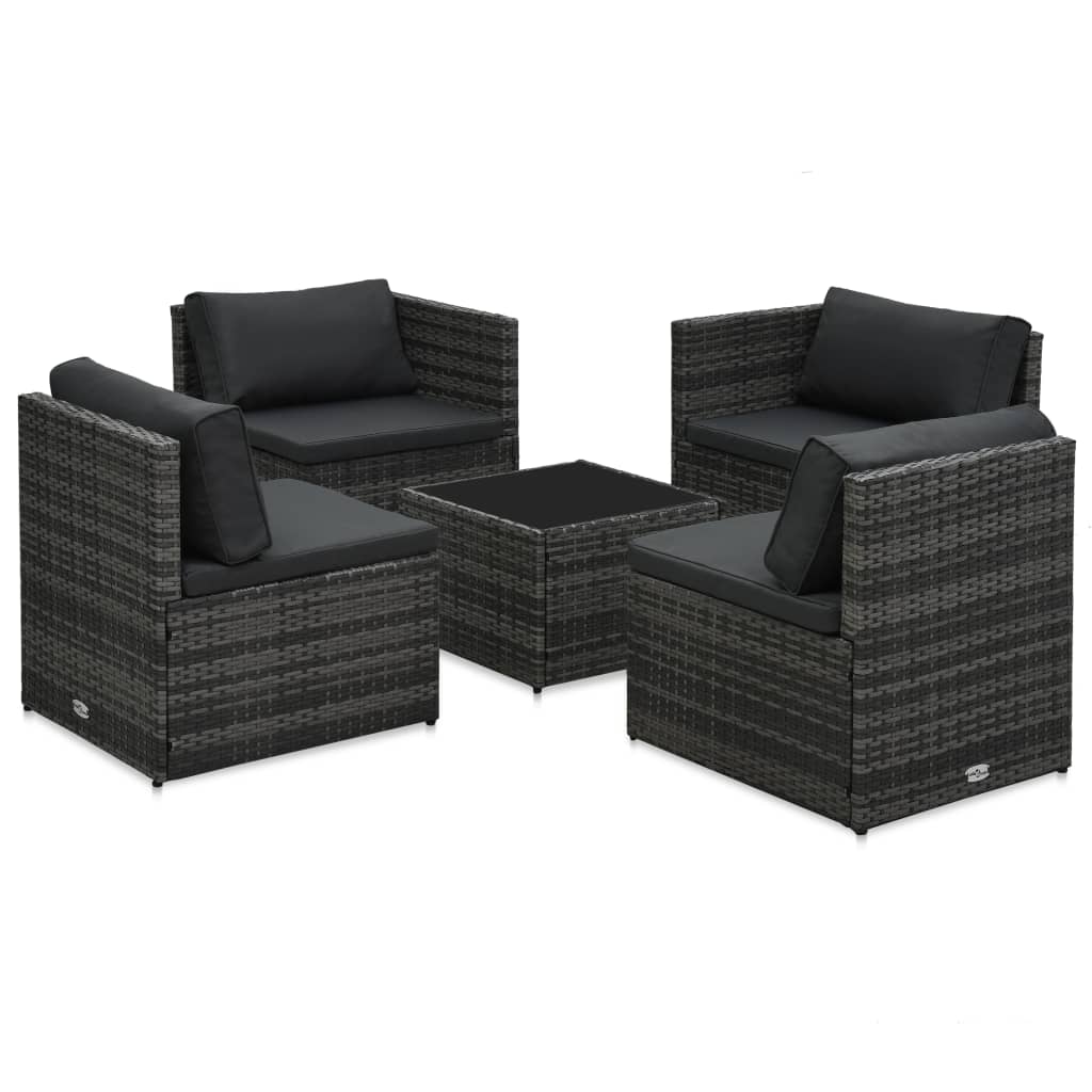 5-részes szürke polyrattan kerti ülőgarnitúra párnákkal