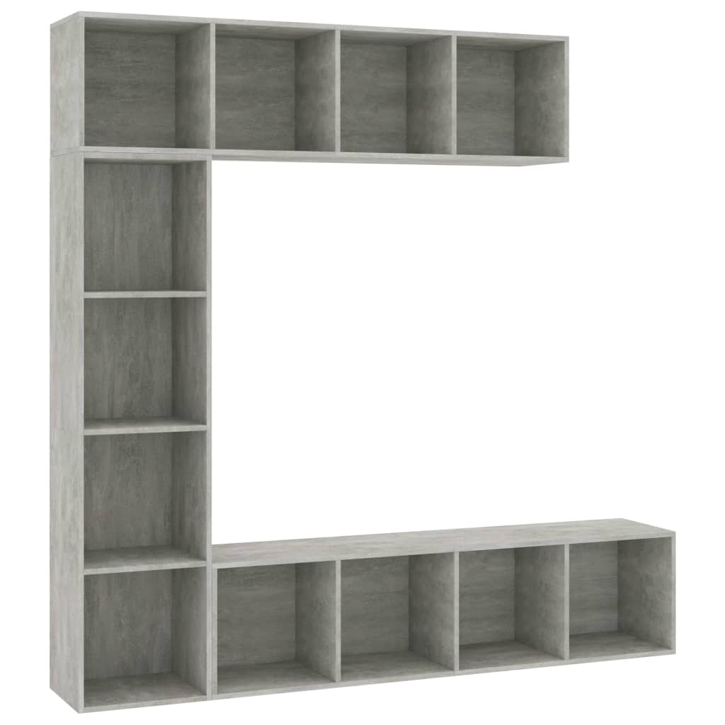 3-részes betonszürke könyv-/TV-szekrényszett 180 x 30 x 180 cm