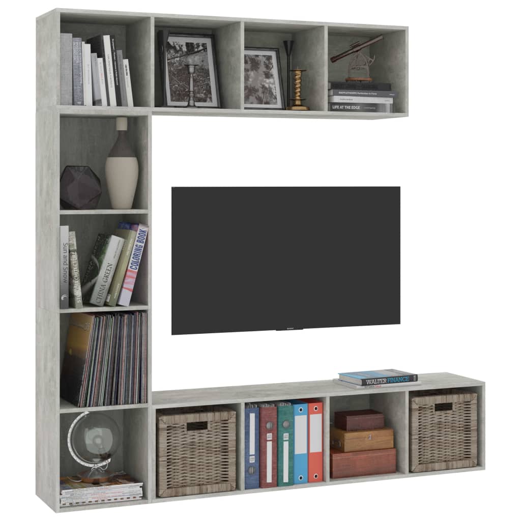 3-részes betonszürke könyv-/TV-szekrényszett 180 x 30 x 180 cm