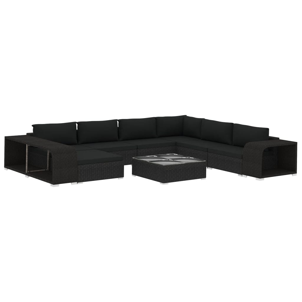 10 részes fekete polyrattan kerti ülőgarnitúra párnákkal
