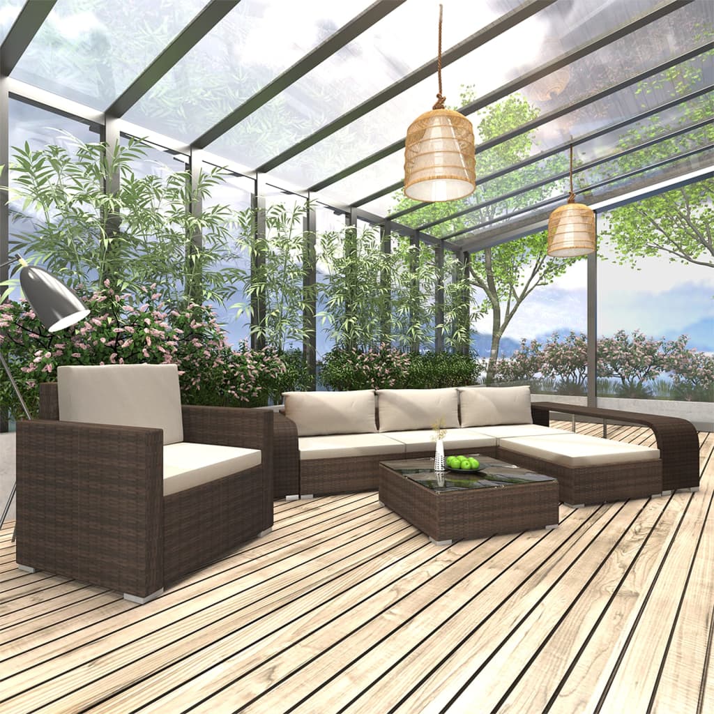 8 részes barna polyrattan kerti bútorszett párnákkal