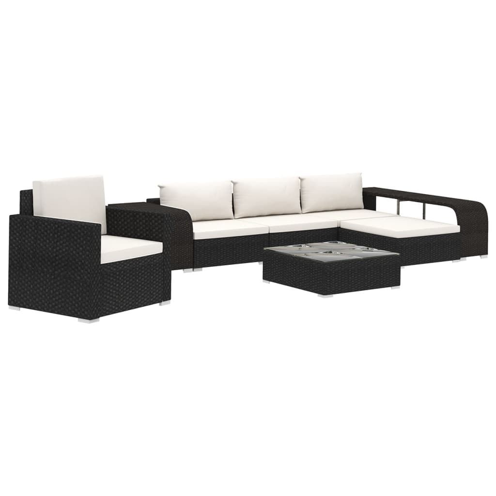 8 részes fekete polyrattan kerti bútorszett párnákkal
