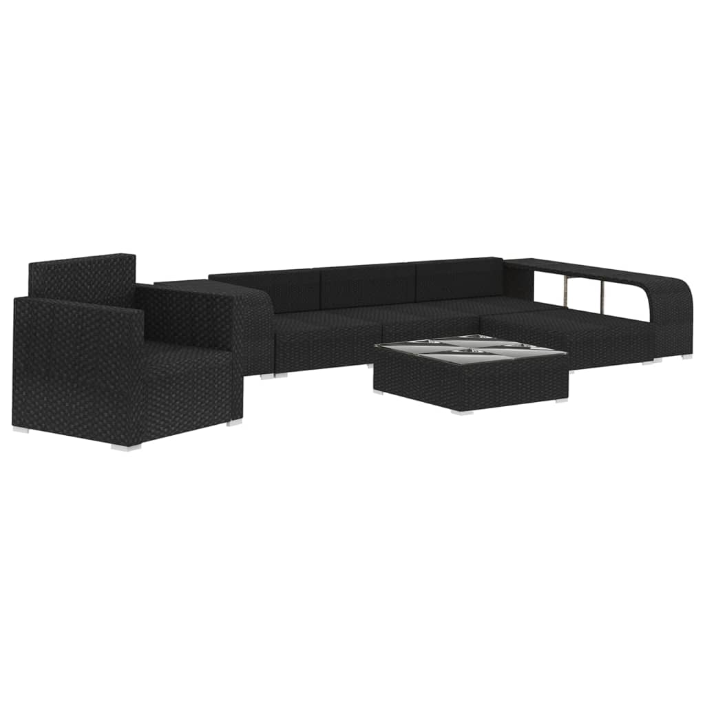 8 részes fekete polyrattan kerti bútorszett párnákkal