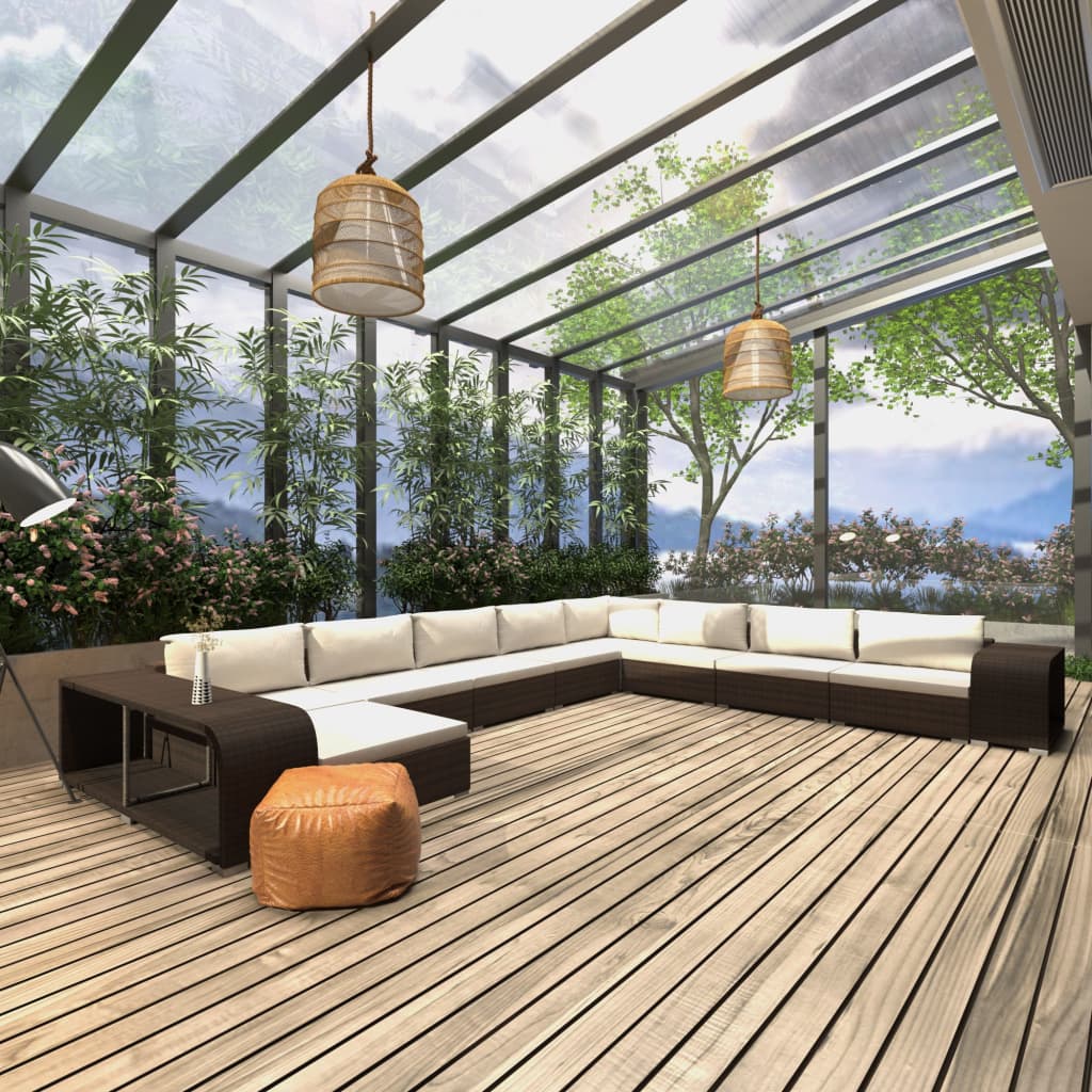 11 részes barna polyrattan kerti bútorszett párnákkal