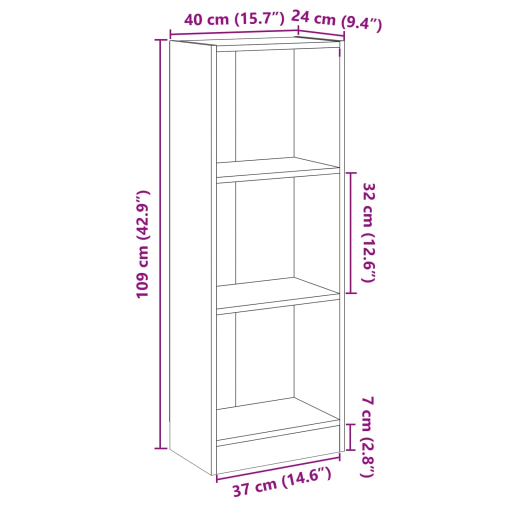 3 szintes szürke szerelt fa könyvszekrény 40 x 24 x 109 cm