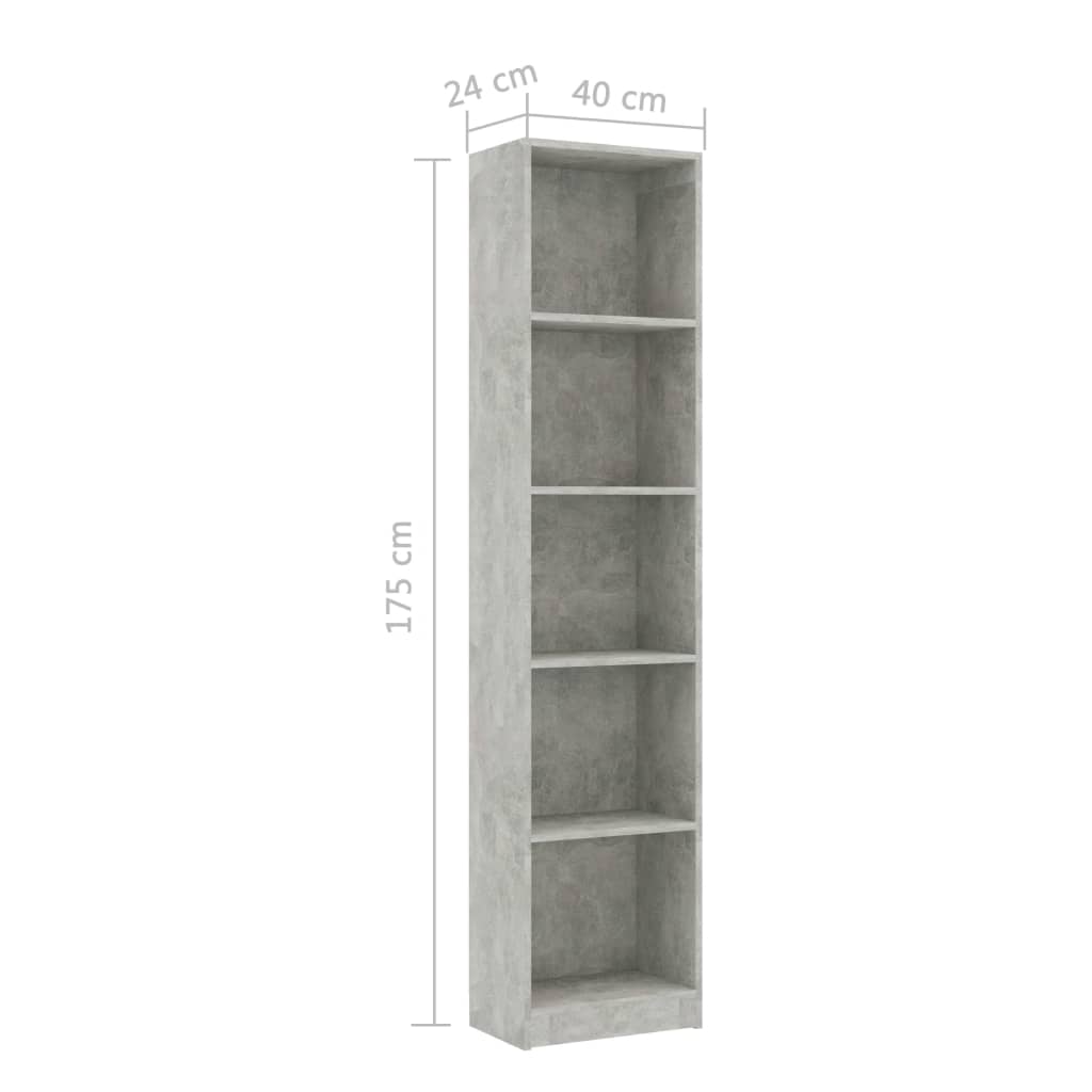 5-szintes betonszürke szerelt fa könyvszekrény 40 x 24 x 175 cm