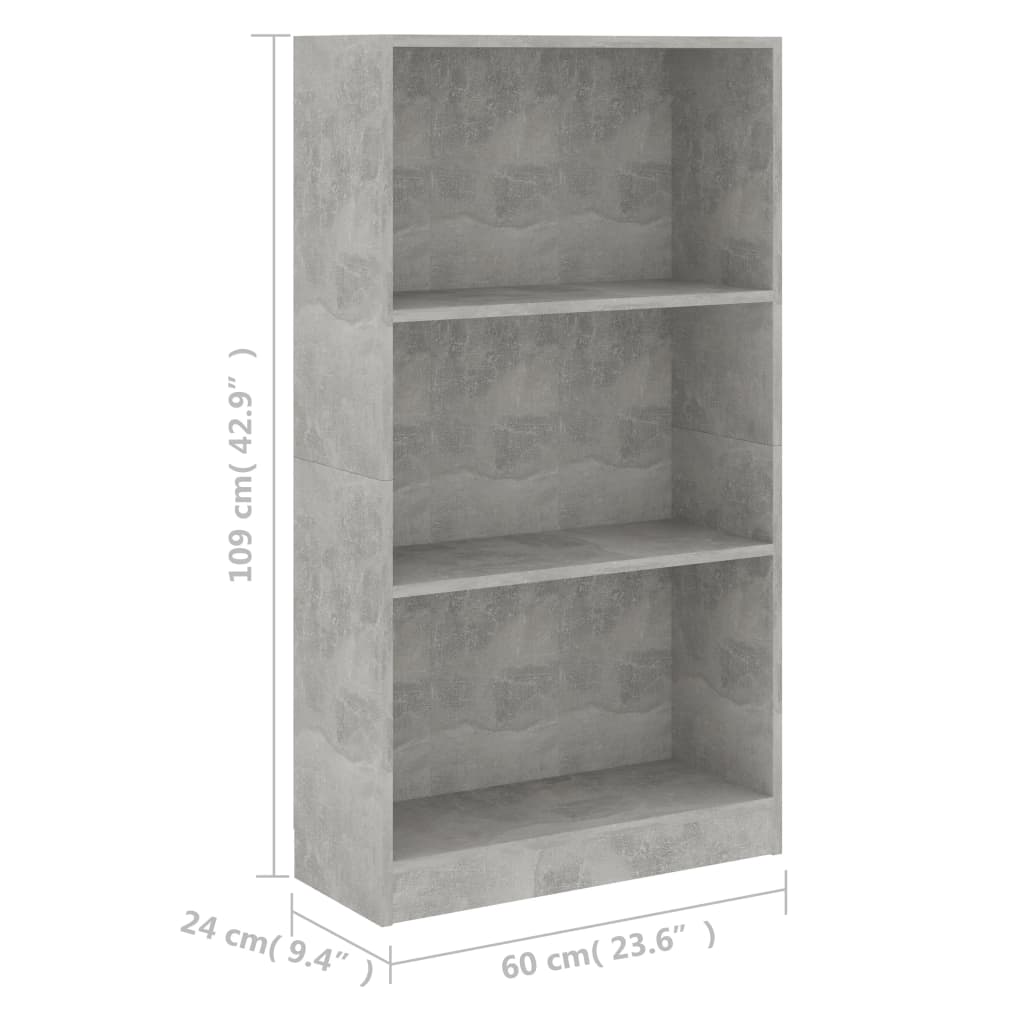 3 szintes betonszürke szerelt fa könyvszekrény 60x24x109 cm
