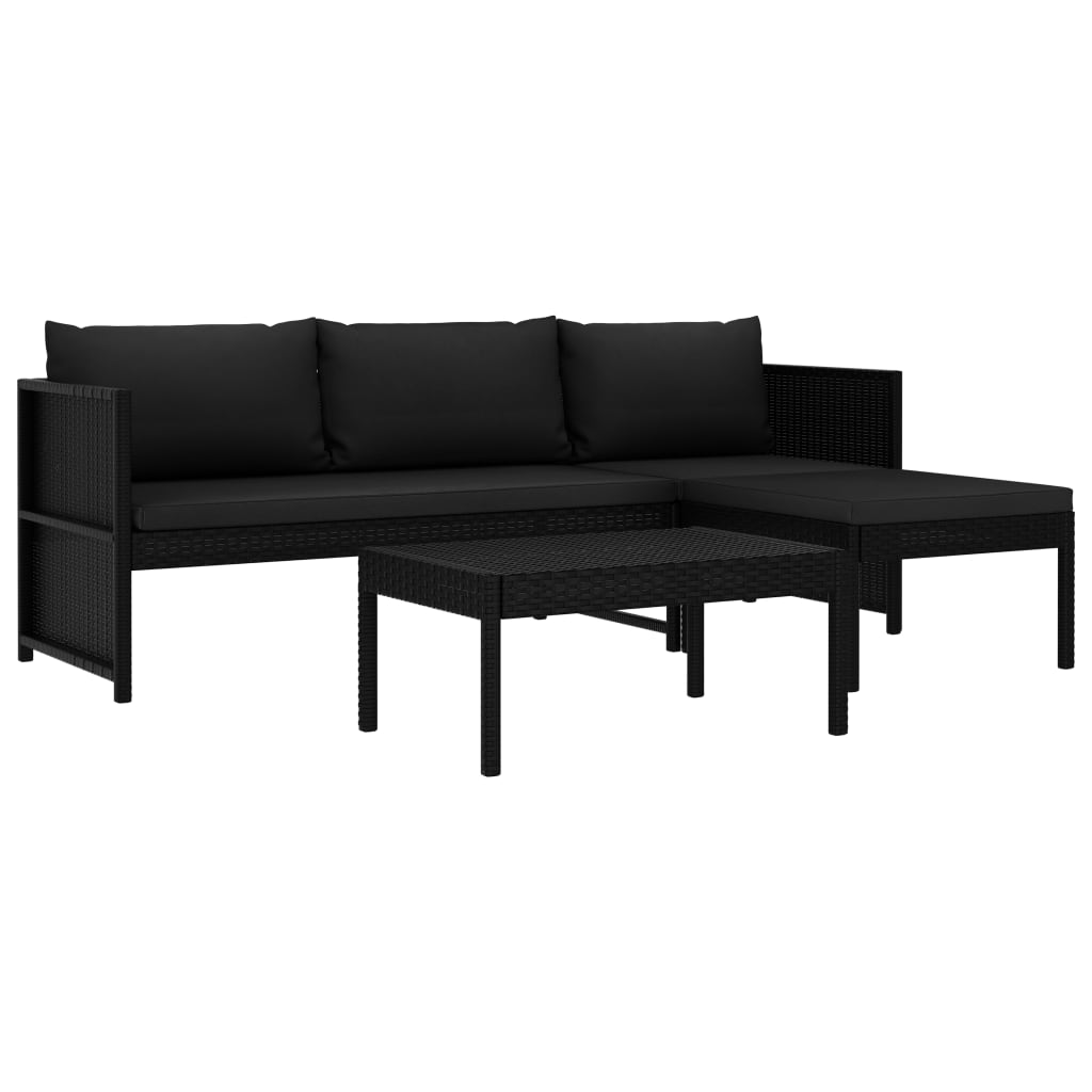 3 részes fekete polyrattan kerti bútorszett párnákkal