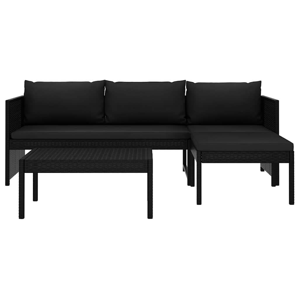 3 részes fekete polyrattan kerti bútorszett párnákkal