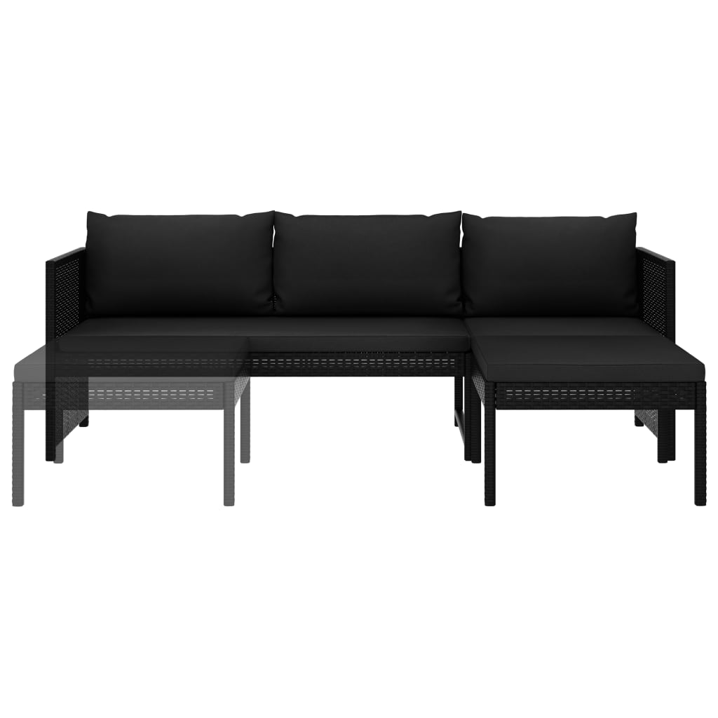 3 részes fekete polyrattan kerti bútorszett párnákkal
