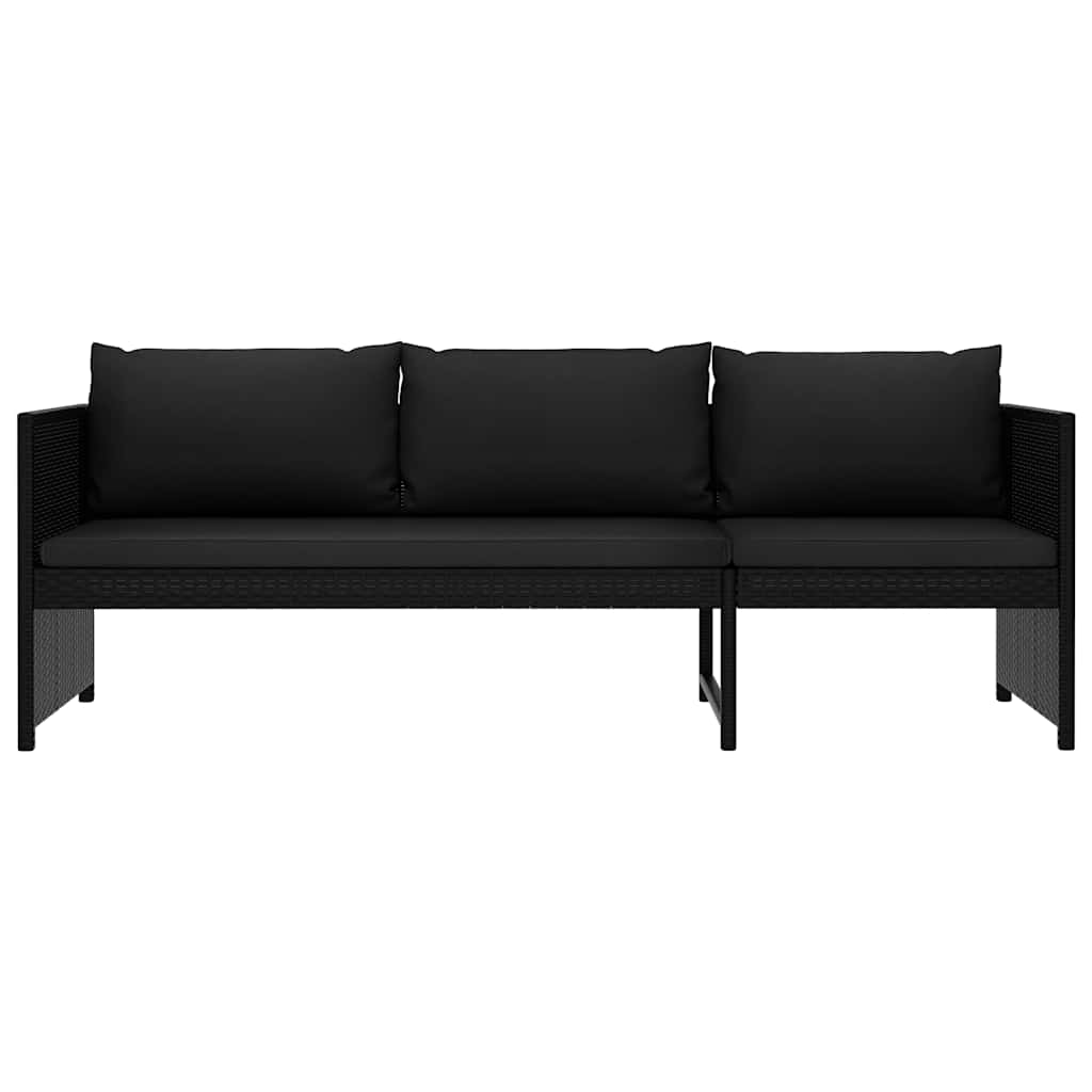 3 részes fekete polyrattan kerti bútorszett párnákkal