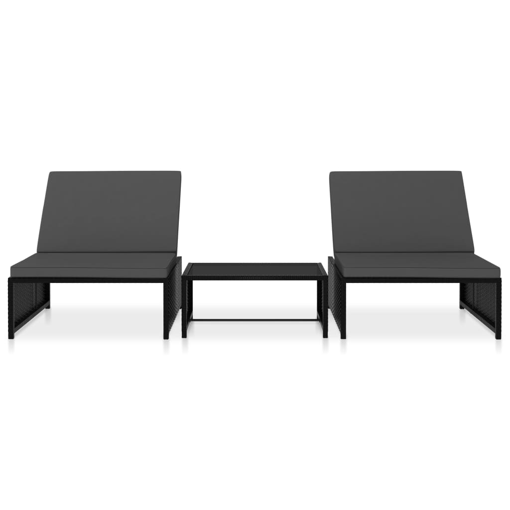 2 db fekete polyrattan dönthető kerti szék asztallal